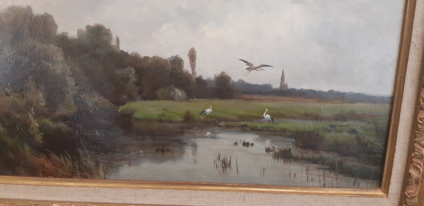 Gemälde: Oelbild Victor Puhonny: "Landschaft mit Störchen" – Gebraucht aus Stetten AG von Brissago25 3