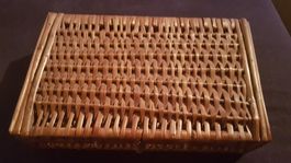 Boîte vintage en bois et osier 30.5 x 20 x 8 cm