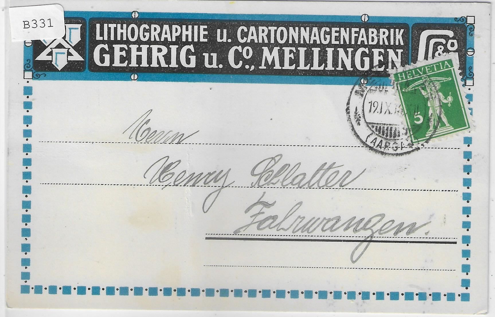 Ansichtskarten: Mellingen 19.IX.16 Lithographie Gehrig – Antik aus Ettingen von Kartenplanet