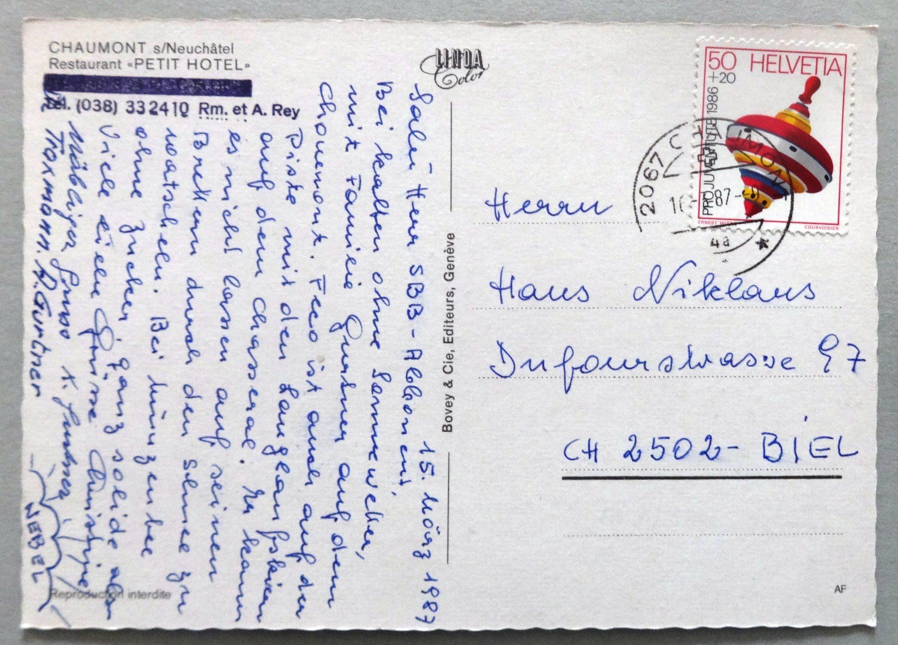 Cartoline postali: Chaumont s/Neuchâtel, Rest. "Petit Hôtel" – Usato da Fétigny venduto da Billy2miny 1