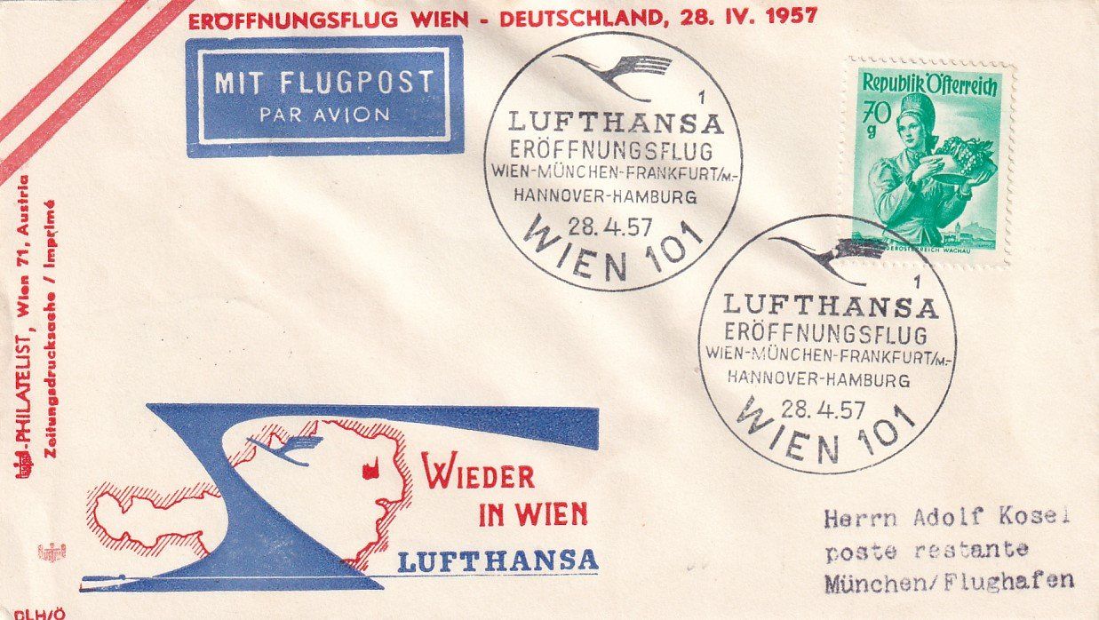 Tutti i francobolli: Erstflug Lufthansa Wien - München 1957 – Usato da Baar venduto da Asmara111