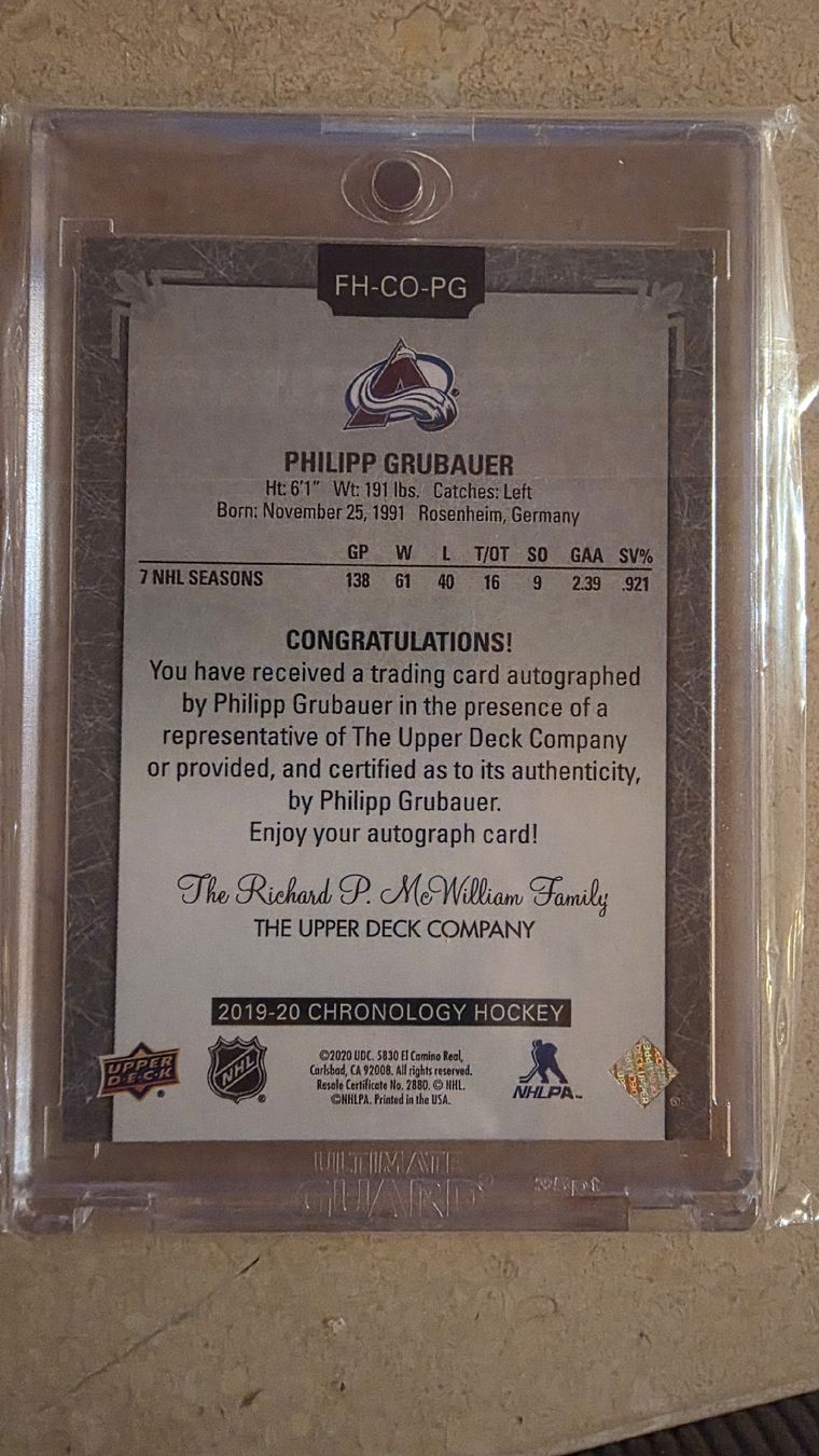NHL Cartes à collectionner:  Philipp Grubauer upper deck Chronology Auto Signed 2019 – Neuf (Voir description) à Boltigen par Calagero 1