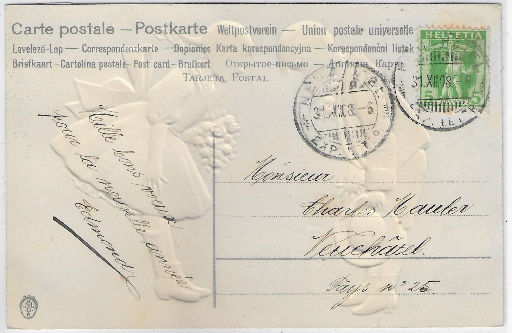 Cartoline postali: Heureuse Annee - 2 Kinder - Präge-Litho – Usato da Ettingen venduto da Kartenplanet 1