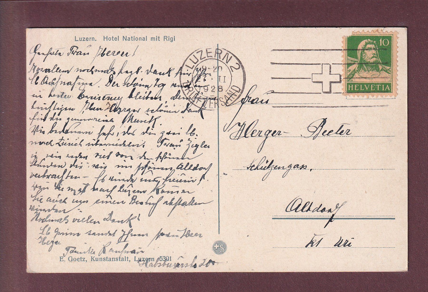 Ansichtskarten: LUZERN - Hotel National - 1928 – Gebraucht aus Pully von nicecards 1