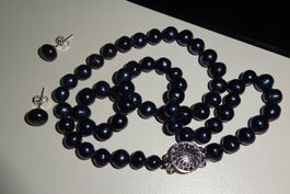 8mm Perlen Kette+Ohrstecker Schwarz-blau
