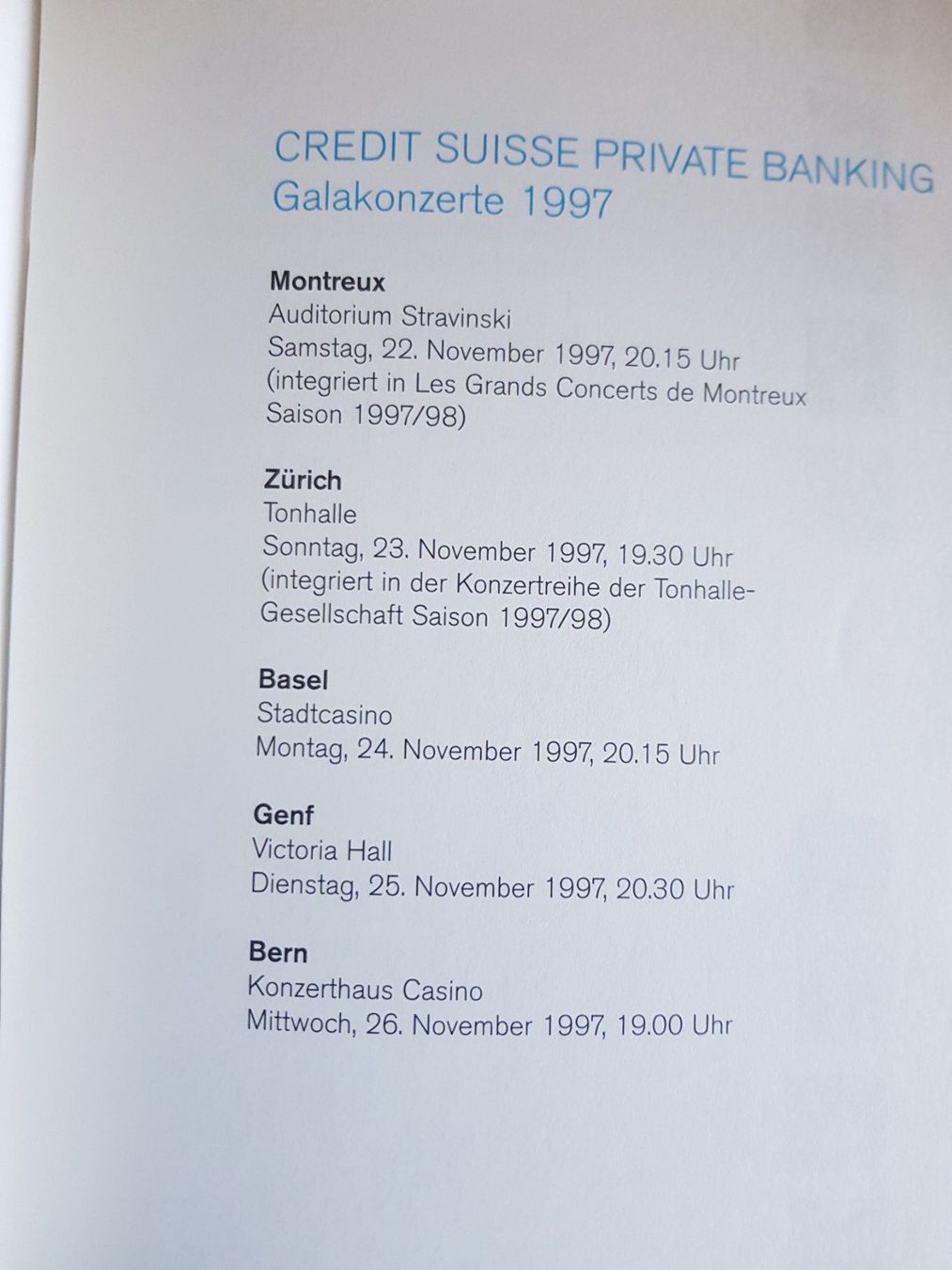 Riviste & Magazine: Credit Suisse Musik Programm Heft Gala Konzerte 1997 – Usato da Walterswil BE venduto da Lonitti 3