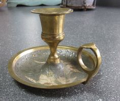Vintage Kammerleuchter, Messing, Emaille "Einlegearbeit"