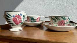 Set Fayence, 2 Tassen inkl. Teller und Zuckerdose, 1840-1860