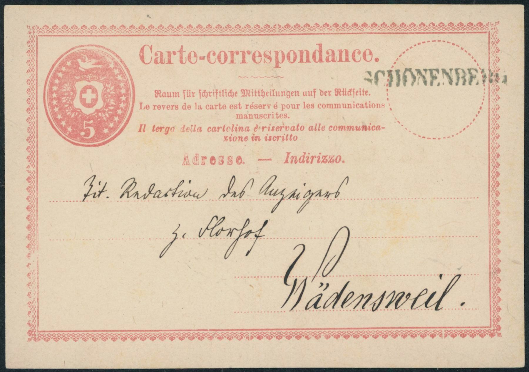 Tutti i francobolli: ZH Schönenberg - Stabstempel - Karte – Usato da Schindellegi venduto da leecollect