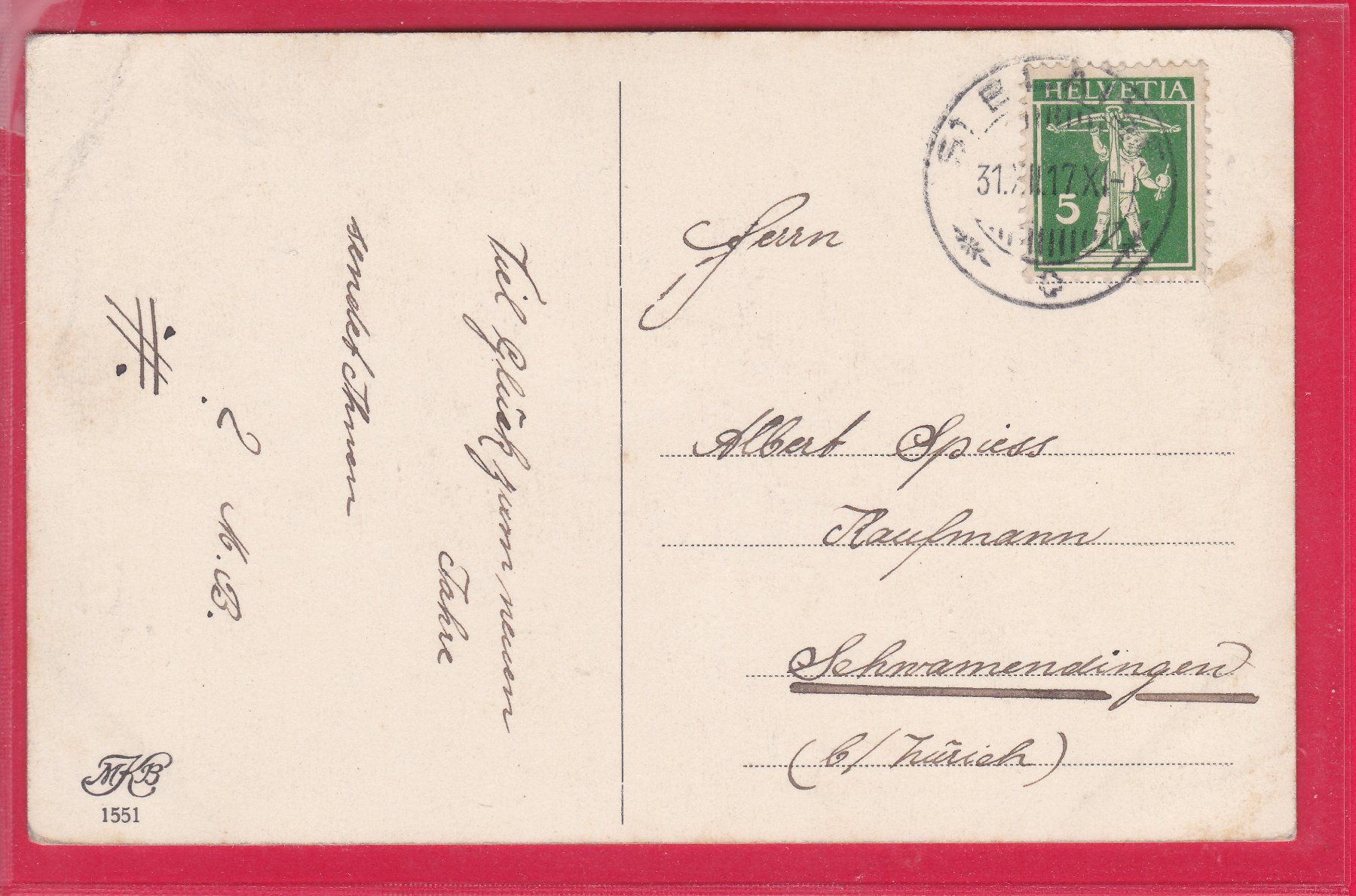 Ansichtskarten: BONNE ANNÉE, 31.12.1917 – Gebraucht aus Oberrieden von Gebirgsstelze 1