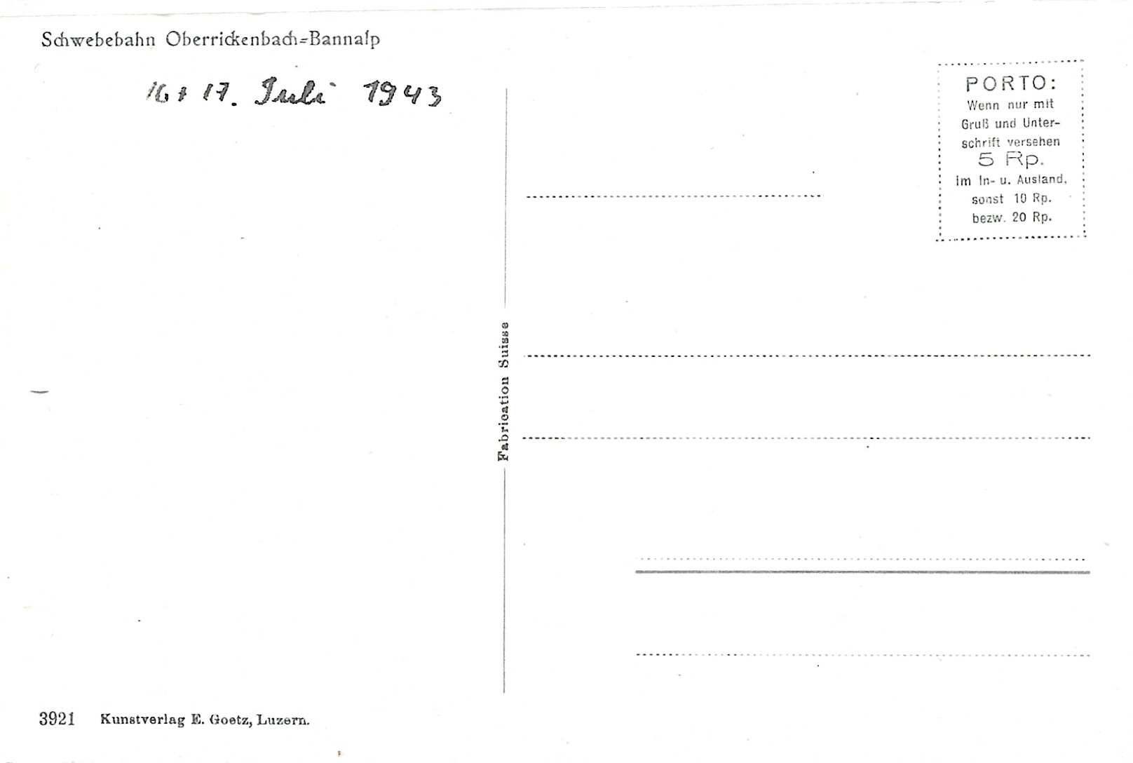 Cartoline postali: Oberrickenbach NW Oldtimer Luftseilbahn Bannalp Wassertank – Nuovo (secondo la descrizione) da Ennetmoos venduto da Ambuman 2