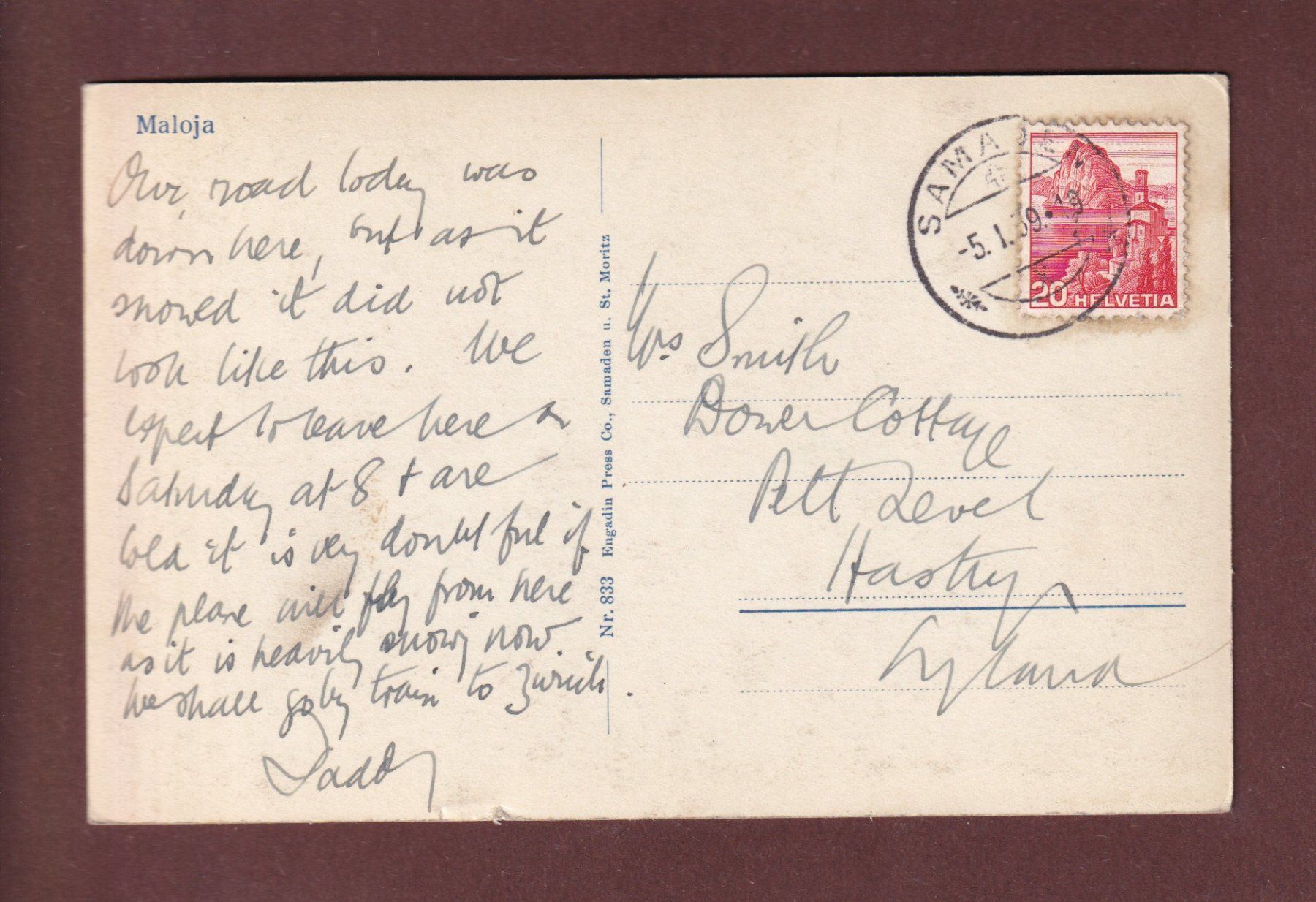 Cartoline postali: MALOJA - 1939 – Usato da Pully venduto da nicecards-shop 1