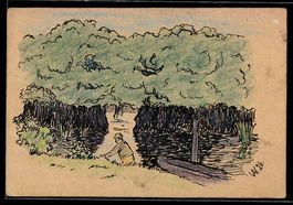 Handgemalt: Arbeiter in einem Waldstück