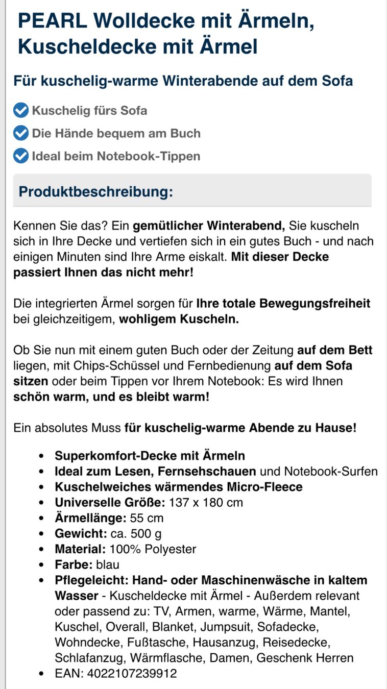 Coperte: Kuscheldecke mit Ärmeln blau Fleece – Nuovo e nell'imballaggio originale da Pieterlen venduto da sheriff111 4