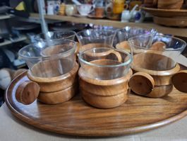 6 Teegläser mit Tablett 6er Set Holz Vintage