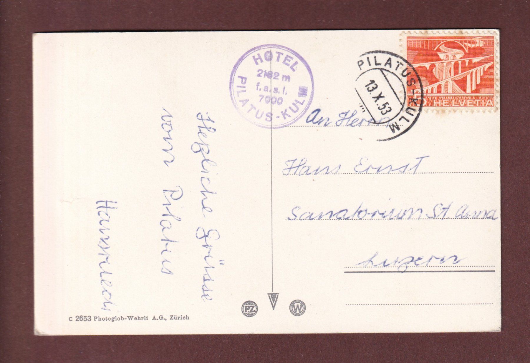 Cartoline postali: PILATUS-KULM - 1953 – Usato da Pully venduto da nicecards-shop 1