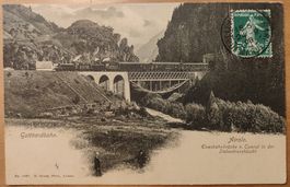 Airolo Gotthardbahn mit 2 Lokomotiven und Brücke um 1900