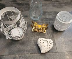 Deko Set Herz Kerzenhalter Glas  Schmetterling Motiv 5tl