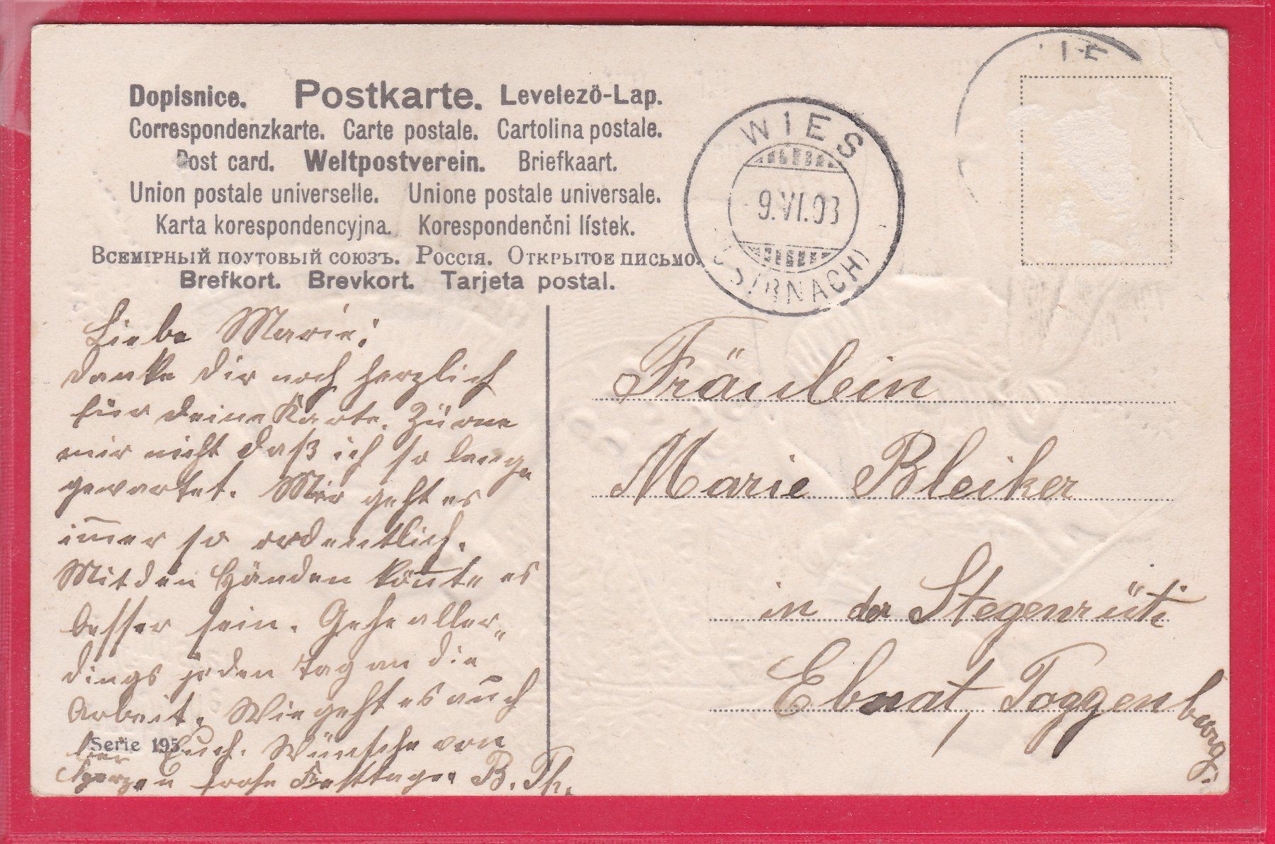 Cartoline postali: PRÄGE, FRÖHLICHE PFINGSTEN, 9.6.1903 – Usato da Oberrieden venduto da Gebirgsstelze 1