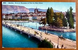 Genève - Trams, Calèches sur le pont du Mont Blanc 1911