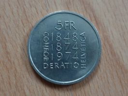 5 CHF Franken Münze | Gedenkmünze Helvetica 1848 1874 1974