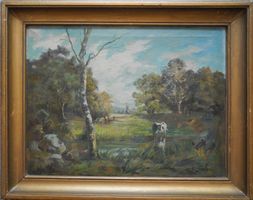 Weidende Kühe am Weiher  französische Schule um1900 signiert
