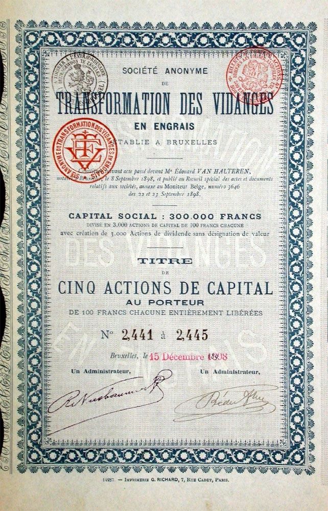 Documenti: SA de Transformation des Vidanges en Engrais - 1898 – Usato da Solothurn venduto da Sgasche