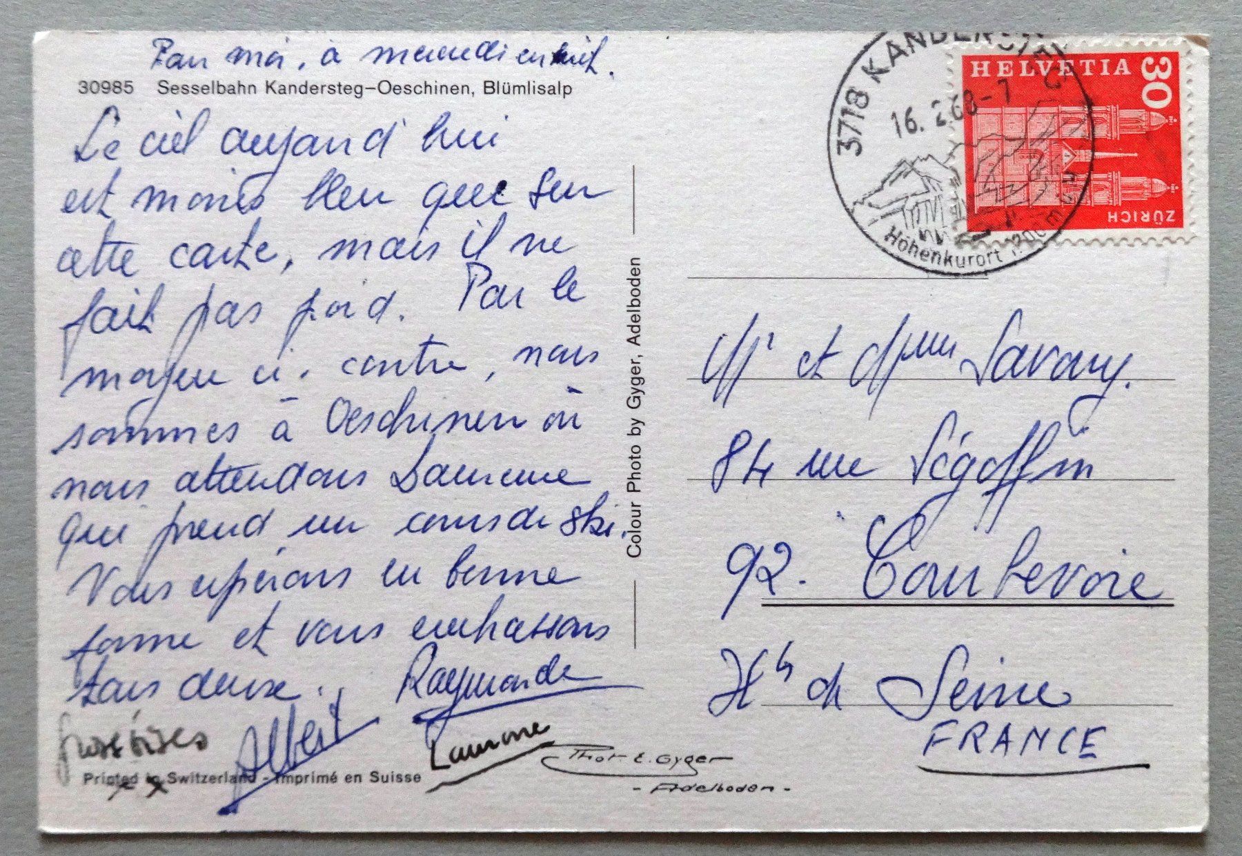 Cartoline postali: Sesselbahn Kandersteg-Oeschinen, Blümlisalp – Usato da Fétigny venduto da Billy2miny 1