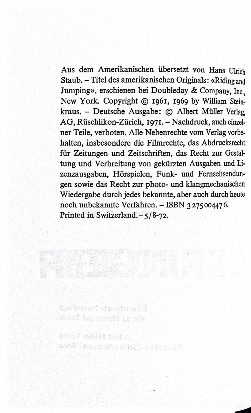 Libri: Steinkraus William, Reiten und Springen – Nuovo (secondo la descrizione) da Sarnen venduto da Livres 3