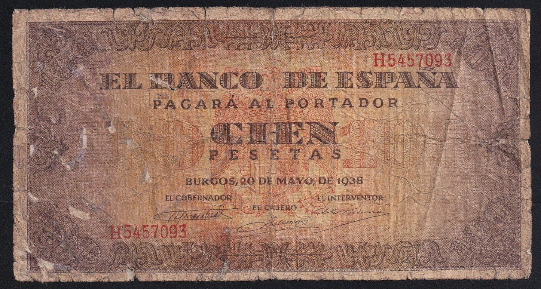 Banconote: Spanien 100 Pesetas 1938 – Usato da Brugg AG venduto da banknoten_muesli
