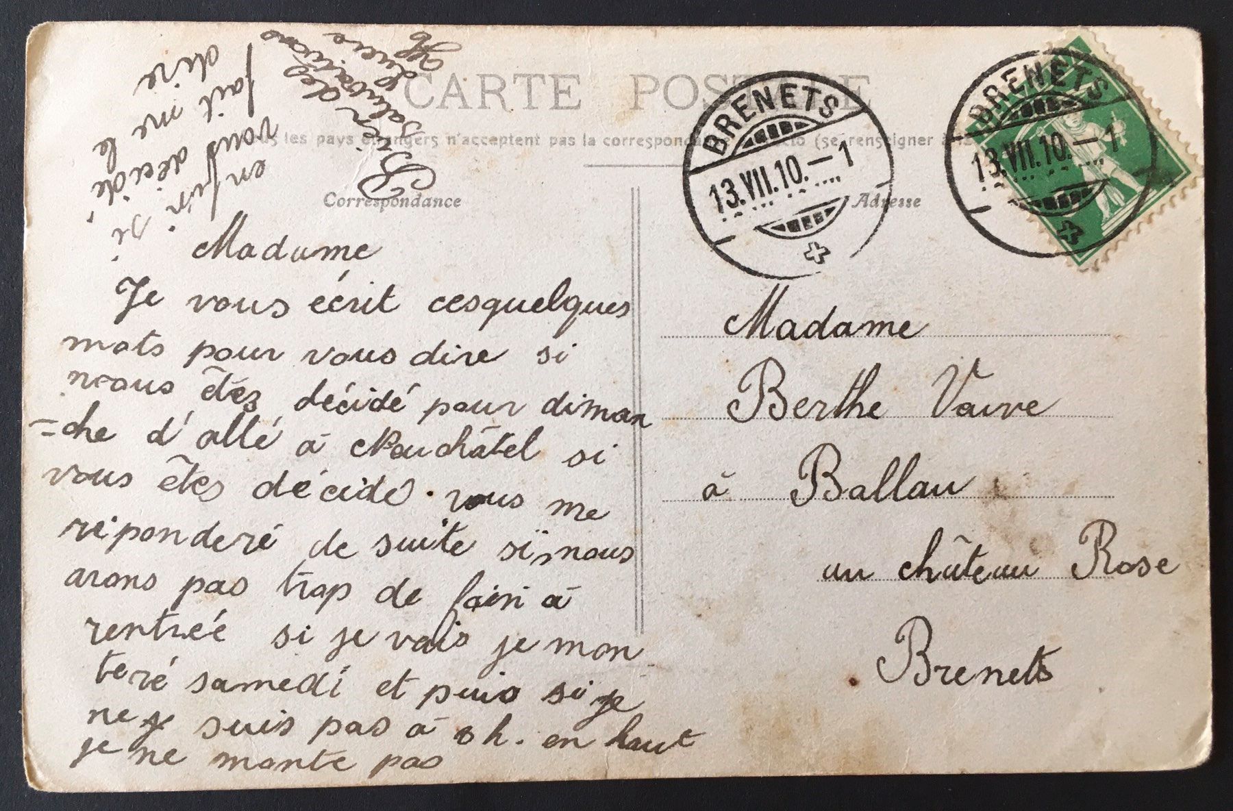 Cartoline postali: Les Brenets 1910 – Usato da Kreuzlingen venduto da Rschweiz1 1
