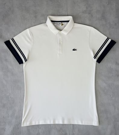 Polo Lacoste blanc logo brodé bleu marine - S #40