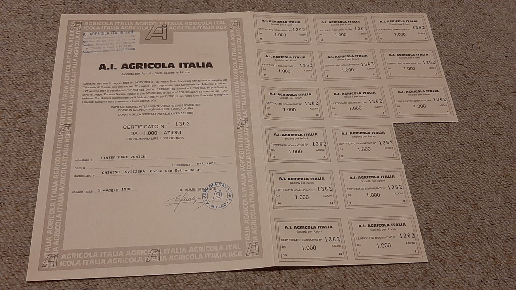 Documenti: Aktie A.I. Agricola  Italia – Nuovo (secondo la descrizione) da Porza venduto da ulletta1