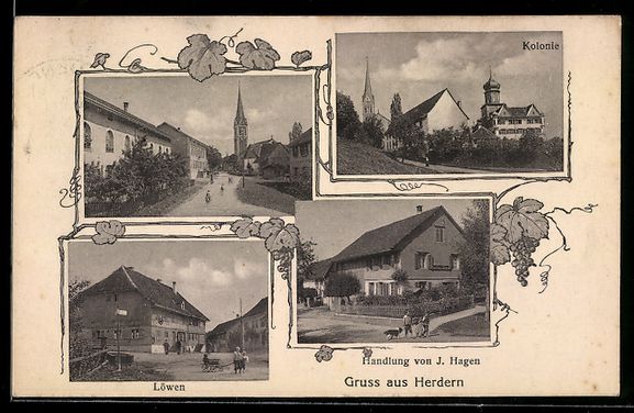 Cartoline postali: AK Herdern, Kolonie, Löwen, Kirche – Usato da Berlin venduto da bartko-reher