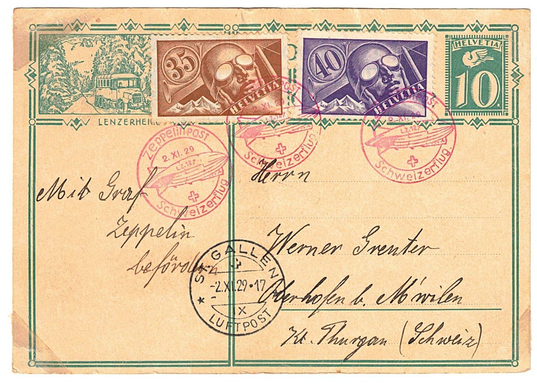Cartoline postali: Postkarte Zeppelin-Post Schweizerflug 1929 – Usato da Gossau ZH venduto da granby