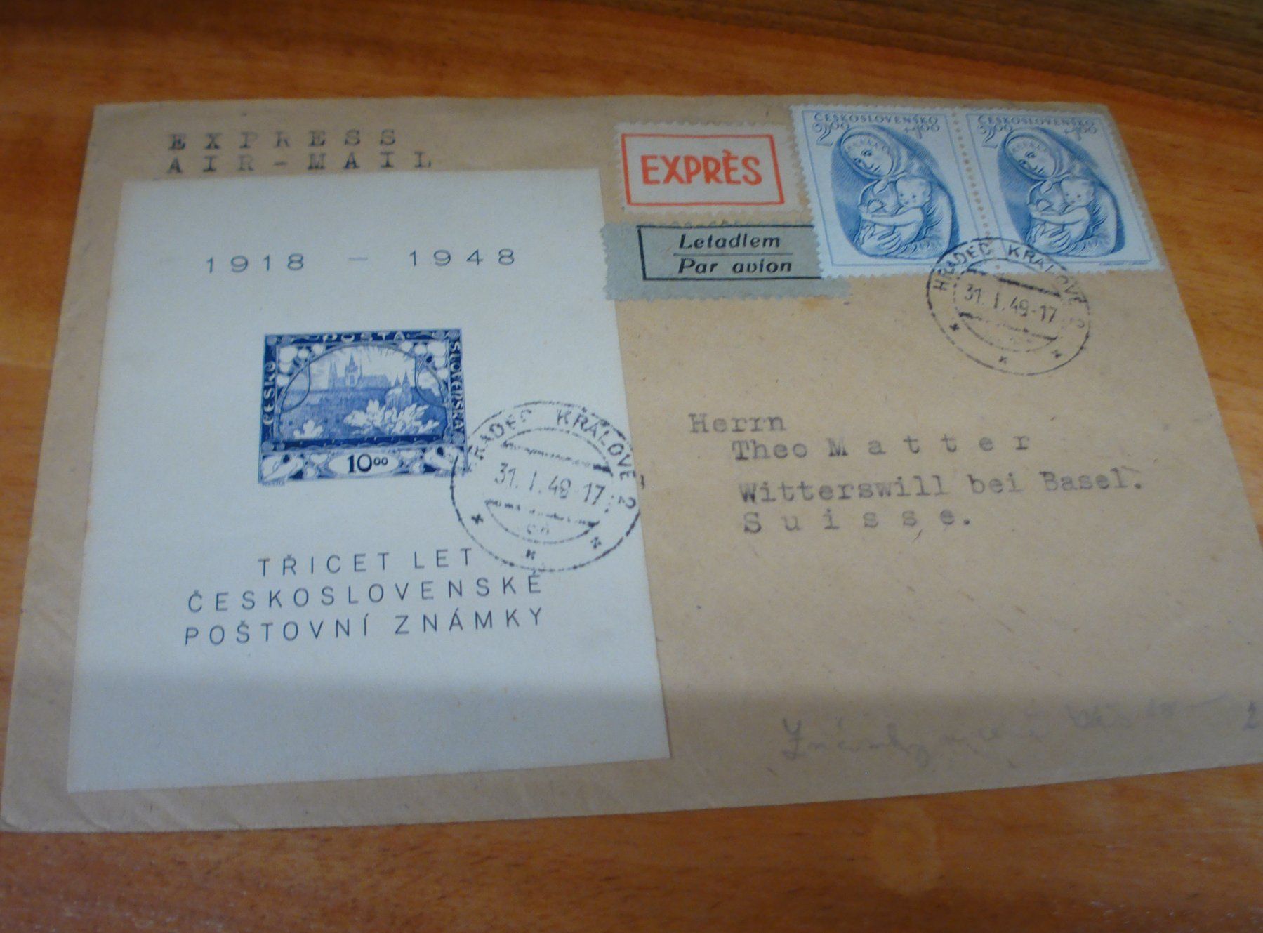 Alle Briefmarken: Tschechoslowakei, Flug-Brief 1948, mit Block – Gebraucht aus Niederwil AG von morostahu