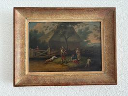 Tableau ancien huile sur panneau – scène rurale – cadre déco