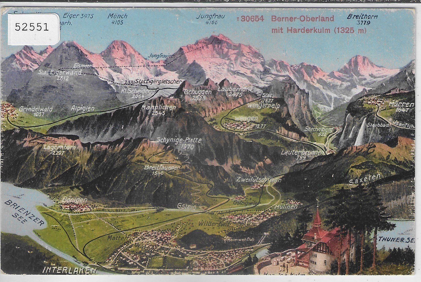 Cartoline postali: Interlaken - BO mit Harderkulm - Panorama - Litho – Usato da Ettingen venduto da Kartenplanet