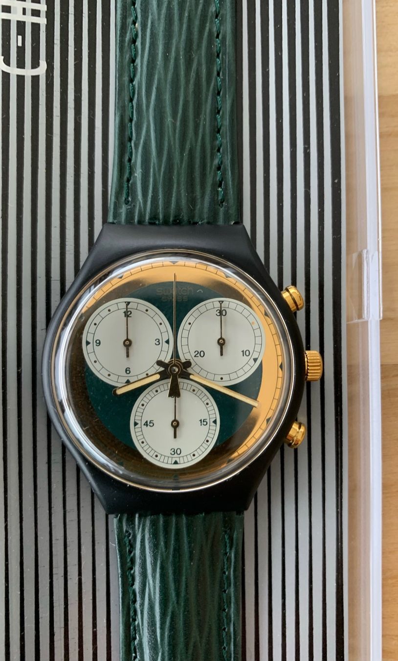 Swatch Orologi: Swatch Chrono gold grün 1992 – Nuovo e nell'imballaggio originale da Zürich venduto da ruedigg 1