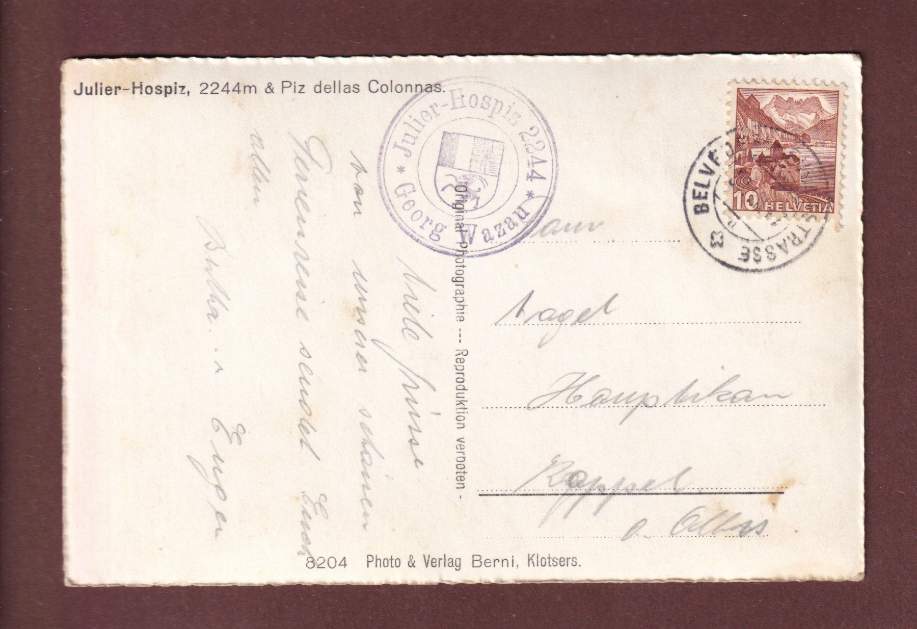 Cartes postales: JULIER-HOSPIZ - 1947 – D'occasion à Pully par nicecards-shop 1