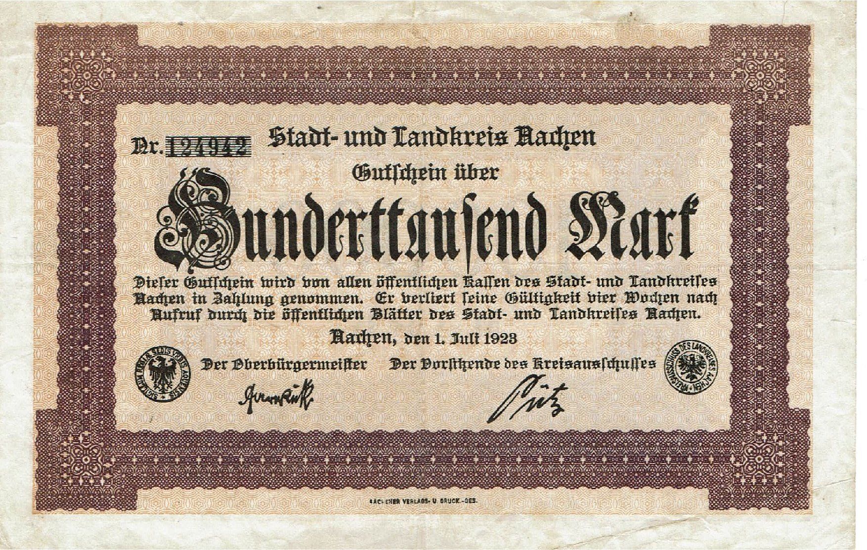 Banconote: Aachen 100000 Mark 01.07.1923 SS+-SS++ – Usato da Steffisburg venduto da ber_8htf