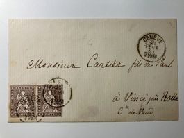 Strubel 1861, Kat.22G a. Briefvorderseite, 2x 5c braun