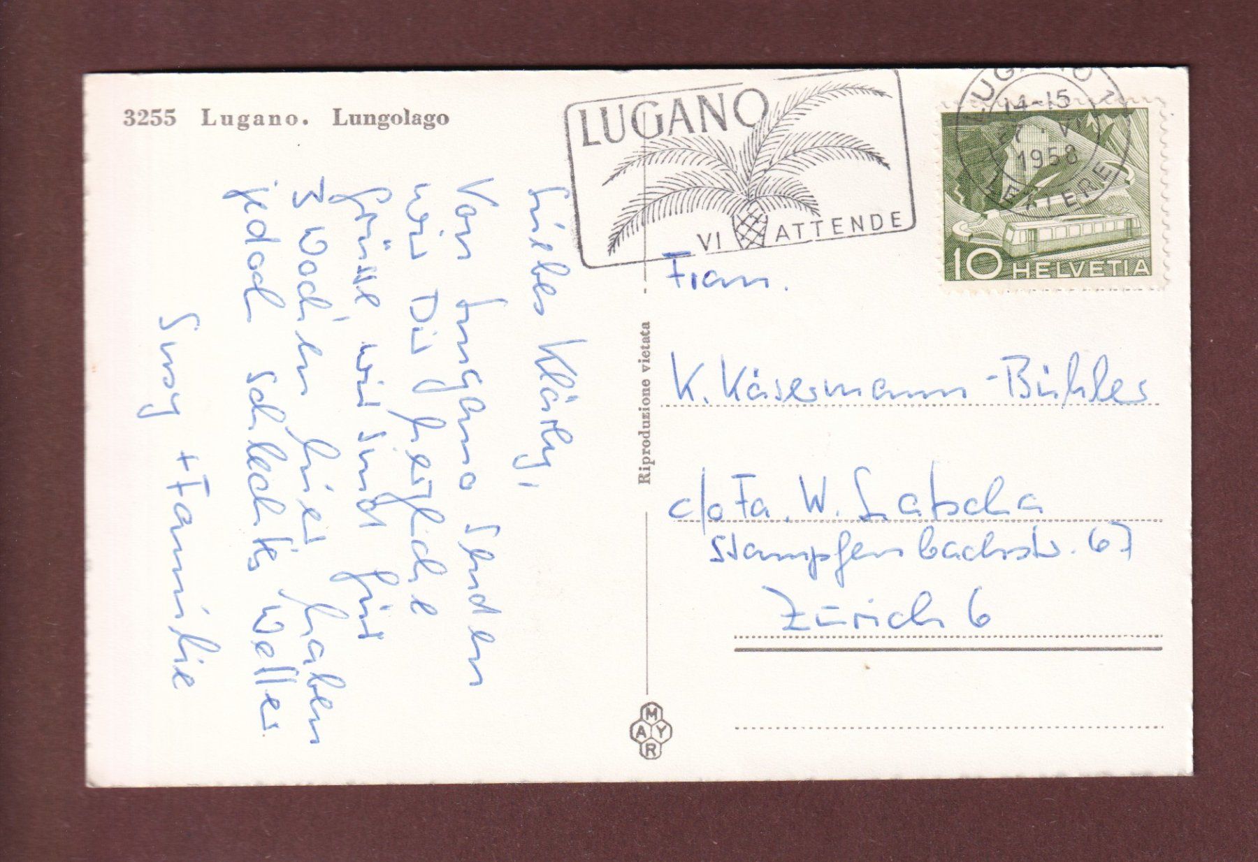 Cartoline postali: LUGANO - Lungolago - 1958 – Usato da Pully venduto da nicecards-shop 1