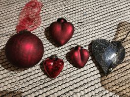 5 Weihnachtskugeln Herzen Biedermeier rot Shabby Chic
