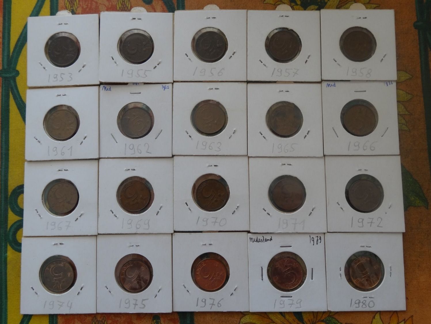 Tutti le monete: PAYS-BAS  Lot  20x     5  Cent  1953 à 1980 – Usato da Romanel-sur-Lausanne venduto da Swift13