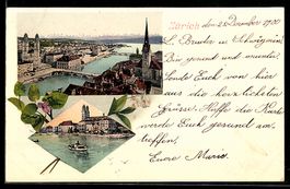Künstler-AK Zürich, Stadt- und Uferansicht mit Brücken und K