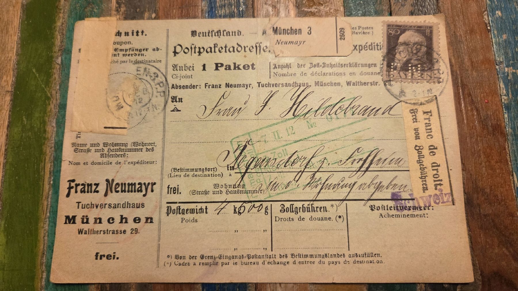 Tutti i francobolli: 1912 Paketkarte Bayern mit Perfin – Usato da Arni AG venduto da Moth68
