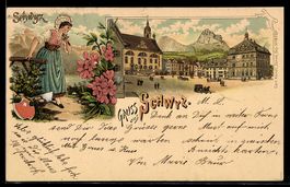 Lithographie Schwyz, Marktplatz mit Brunnen und Passanten, B