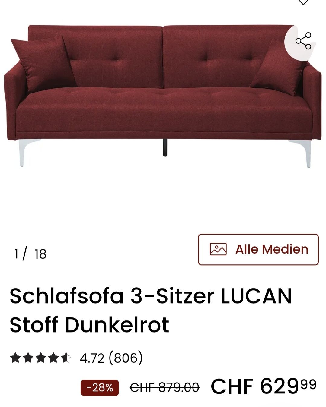 Divani: Schlafsofa 3-Sitzer, Dunkelrot, erst 18 Monate – Usato da Bern venduto da Naturine 2