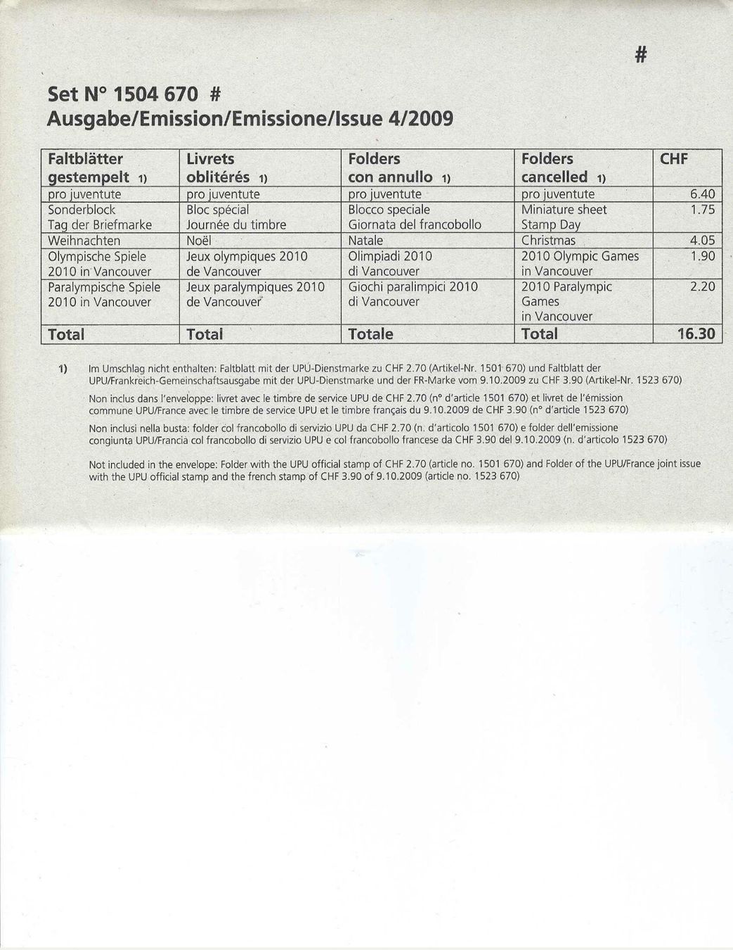 Tutti i francobolli: Faltblätter Schweizer Briefmarken Jahresset 2009 gestempelt – Nuovo e nell'imballaggio originale da Diegten venduto da Pdiego 3
